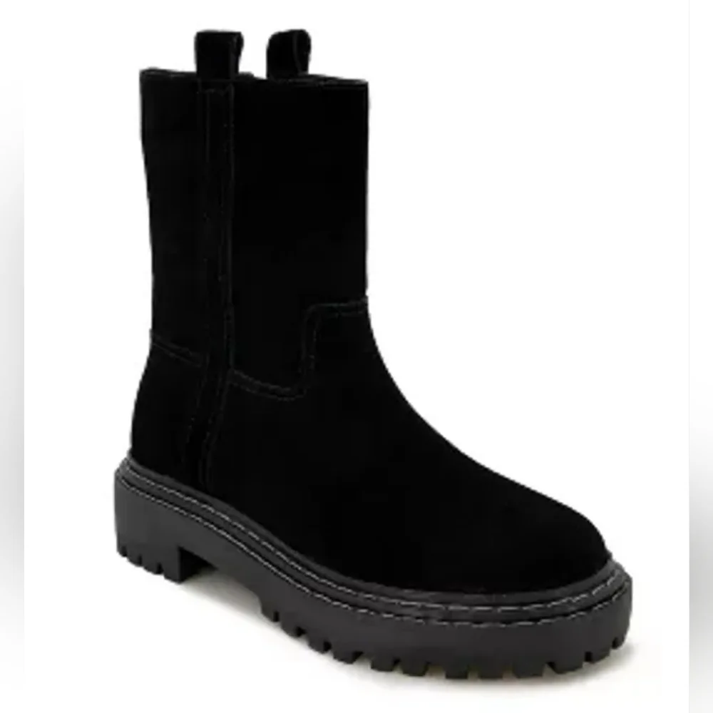 Splendid Adria Sleek Black Genuine Suede Leather Combat Boot Chunky Winter Boots